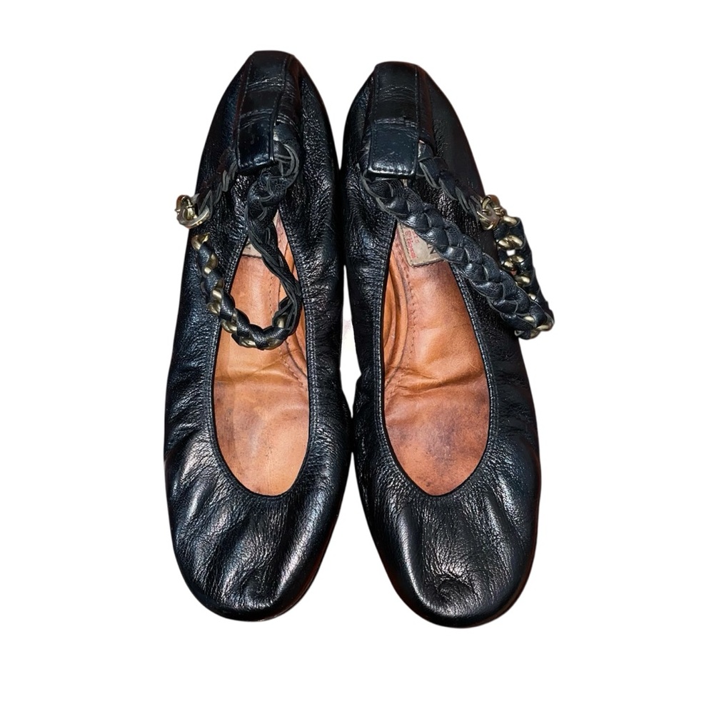 Vintage Elegant Lanvin Ballet Black Leather Women's Shoes Chain ankle straps